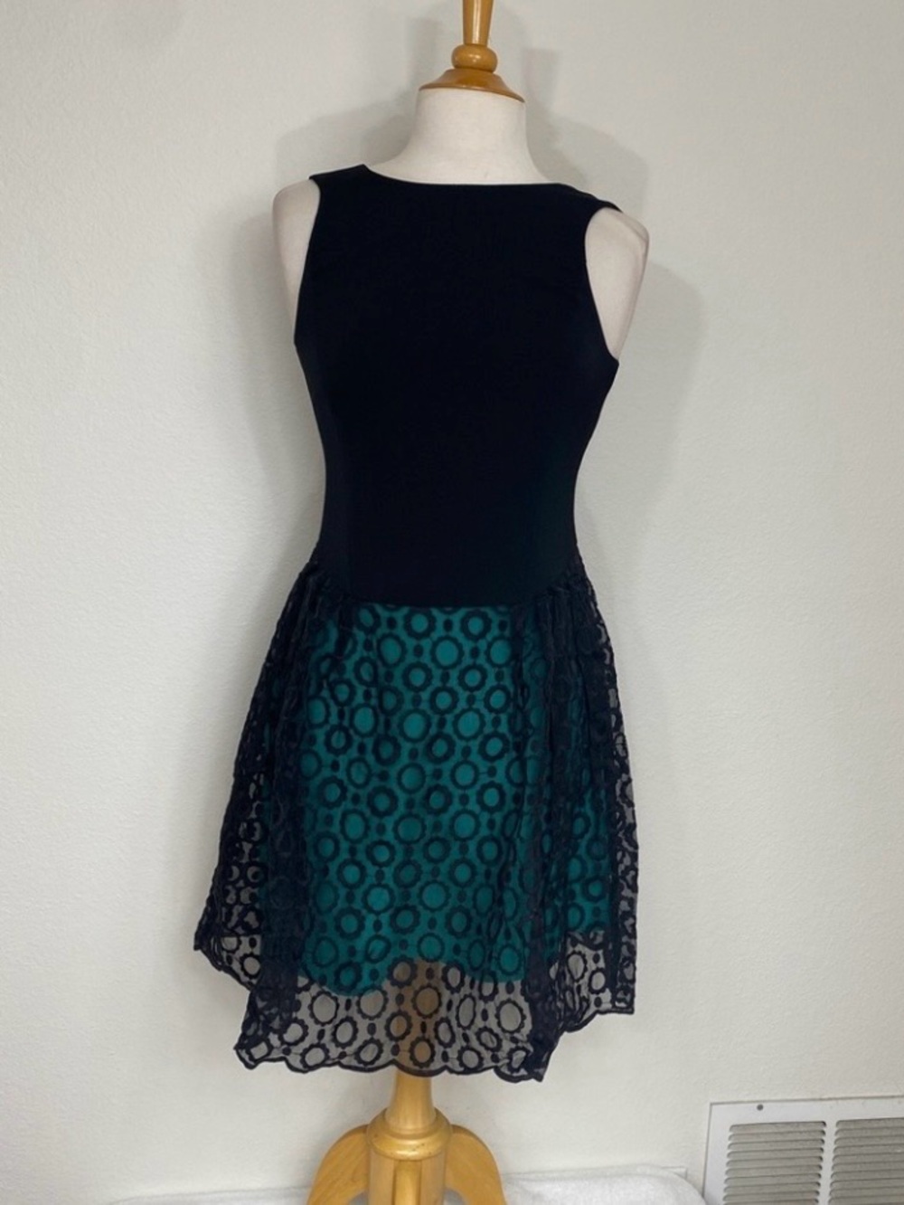 Kensie Womens Black Teal Sleeveless Eyelet Fit & Flare Mini Dress XS Classic